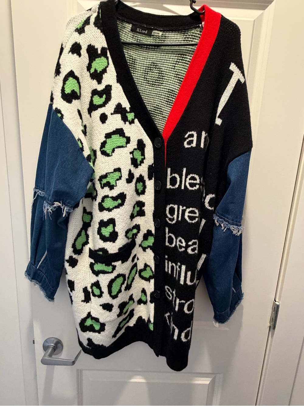 LLond Mixed-Print Cardigan with Green Leopard and Denim Sleeves